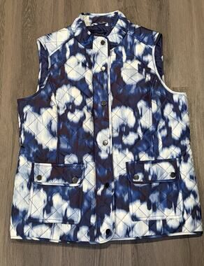 Jones New York Petite Medium PM Blue/White Tie-Dye Quilted Vest Snap Full Zip